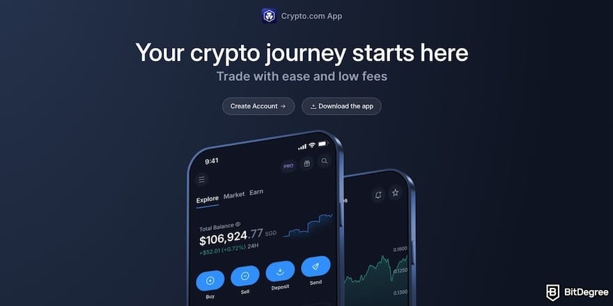Kraken vs Crypto.com comparison: Crypto.com's mobile app banner. Kraken vs Crypto.com comparison: Crypto.com's mobile app banner.