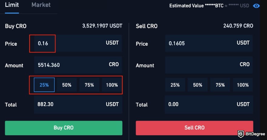 Kraken vs Crypto.com: Crypto.com's order page with the price and amount highlighted. Kraken vs Crypto.com: Crypto.com's order page with the price and amount highlighted.