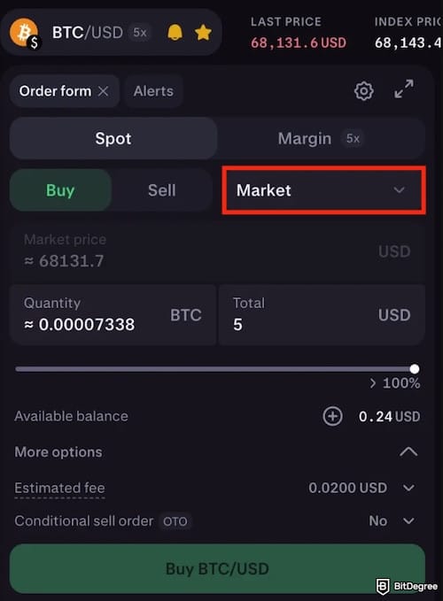 Kraken vs Crypto.com: Kraken Pro's order section, with the order type [Market] highlighted.