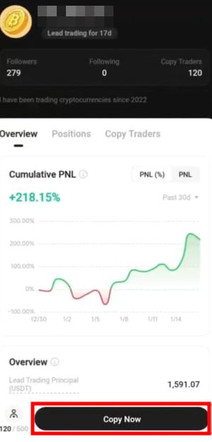 KuCoin copy trading: KuCoin's Copy Now button.
