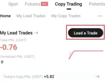 KuCoin copy trading: [Lead a Trade] button.