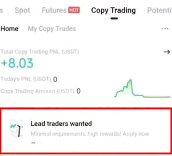 KuCoin copy trading: [Lead traders wanted] button.