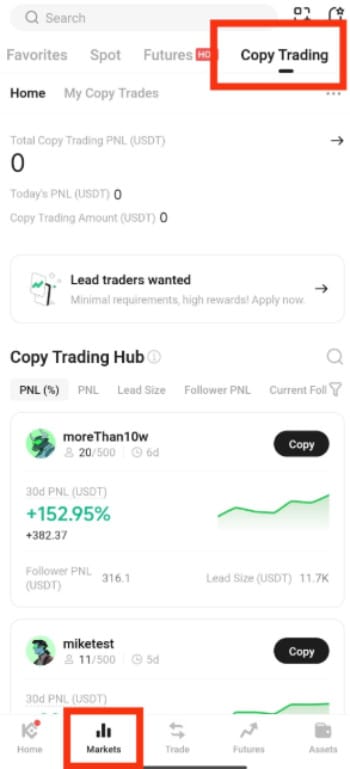 KuCoin copy trading: Markets tab.