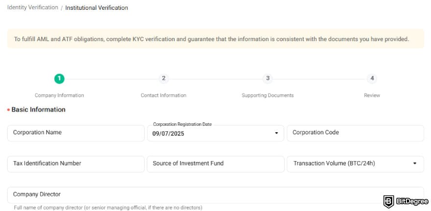 KuCoin KYC requirements: company info section on KuCoin’s KYB form.