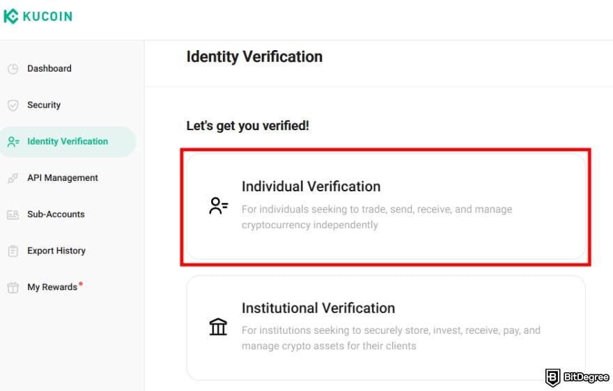 KuCoin KYC requirements: Individual Verification option on KuCoin.