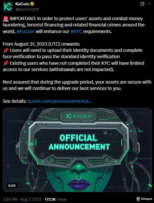 KuCoin KYC requirements: KuCoin post highlighting KYC enhancements.
