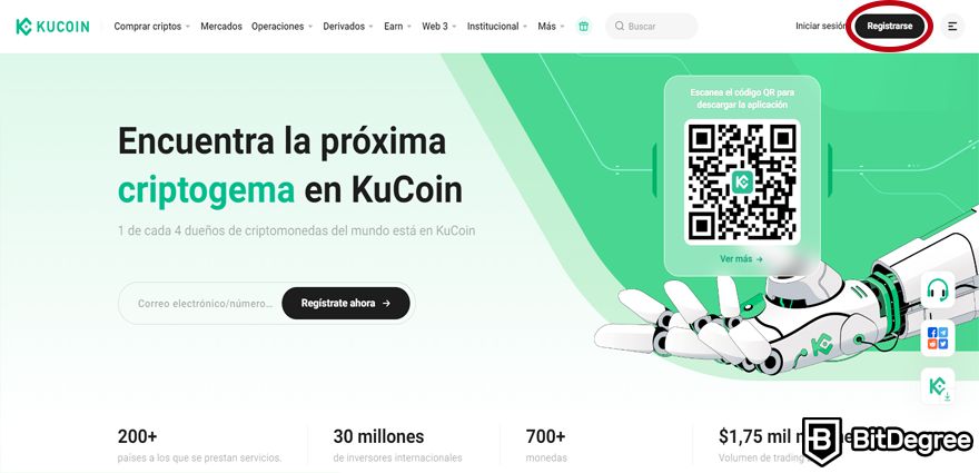 KuCoin Opiniones: Botón de Registro.