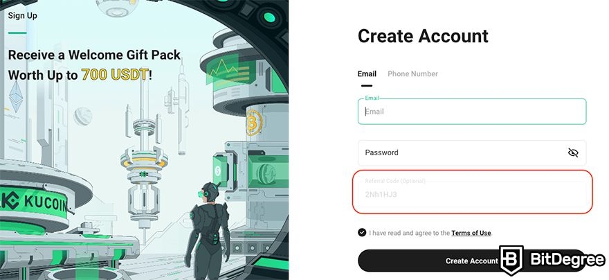 Реферальный код KuCoin: окно регистрации.