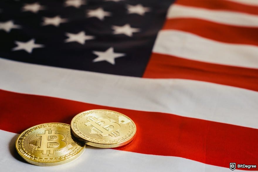 KuCoin review: BTC coins on a US flag.