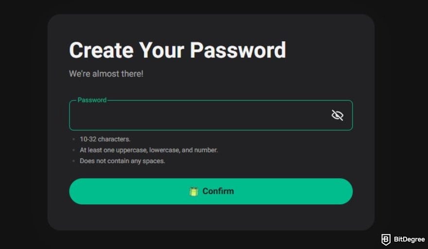 KuCoin review: the create password page when signing up for KuCoin.