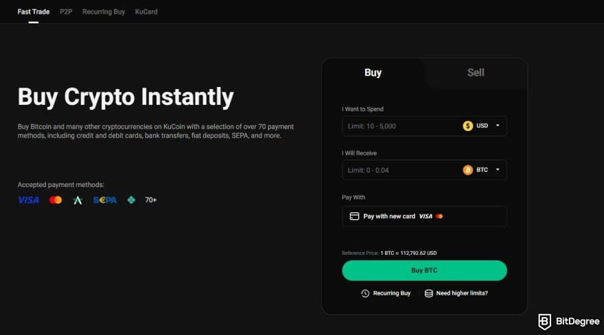 KuCoin review: the Fast Trade page on KuCoin's website.