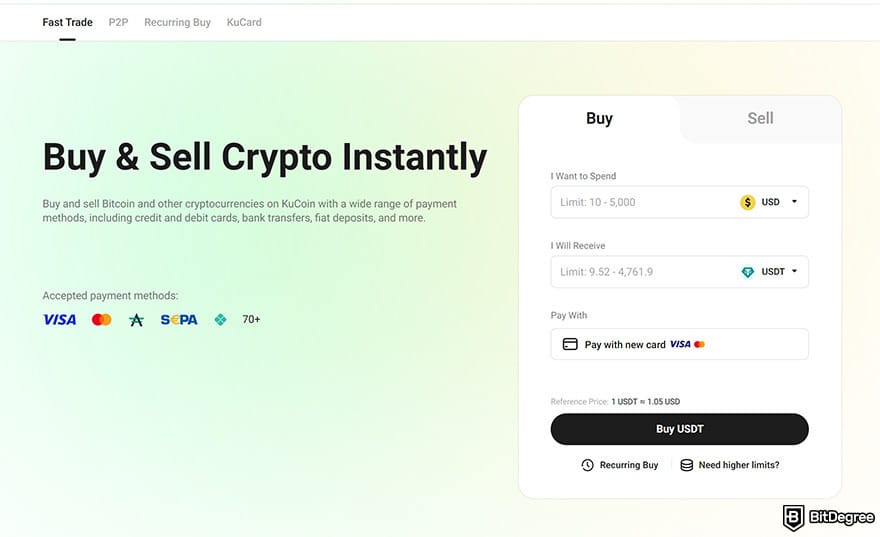KuCoin review: the Fast Trade page on KuCoin's website.