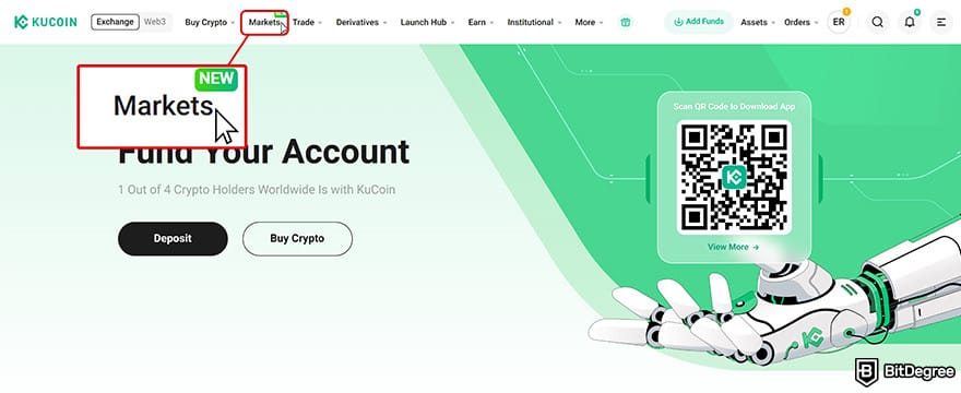 KuCoin review: KuCoin homepage with the Markets menu highlighted.