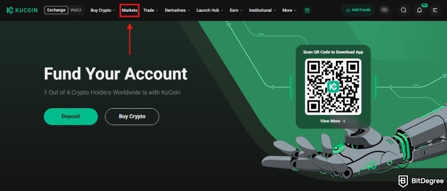 KuCoin review: KuCoin homepage with the Markets menu highlighted.