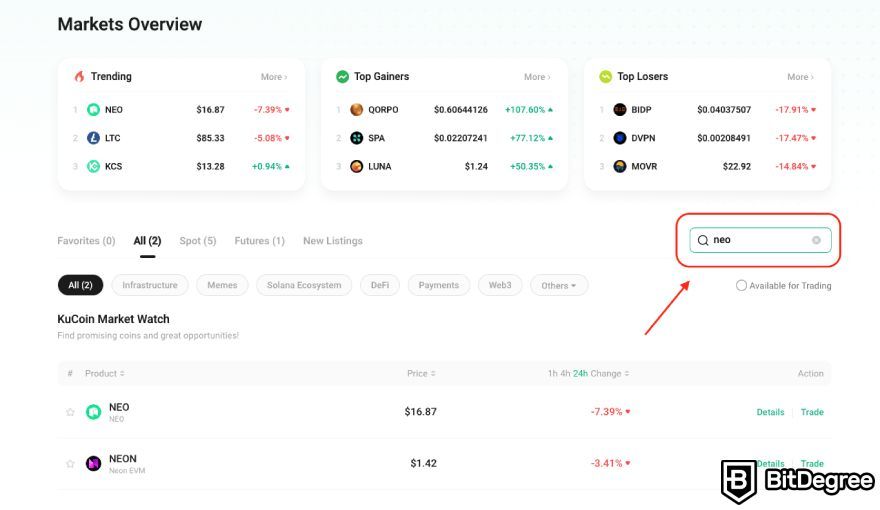 KuCoin review: search bar in the markets overview page.