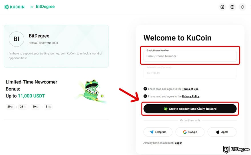 KuCoin review: the Sign Up page on KuCoin using BitDegree's affiliate link.