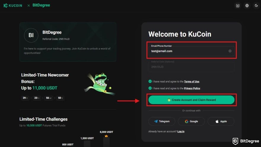 KuCoin review: the Sign Up page on KuCoin using BitDegree's affiliate link.