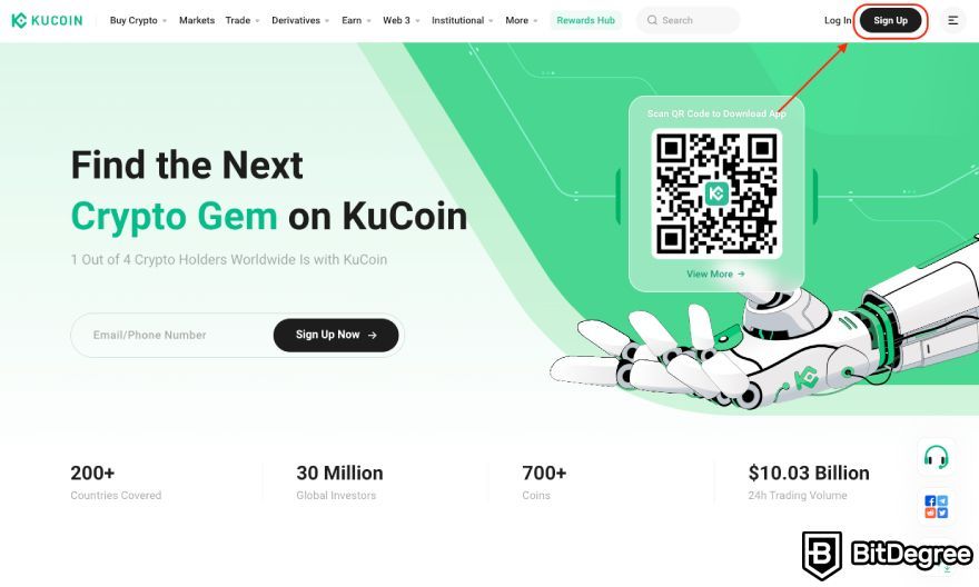 KuCoin review: the sign up button.