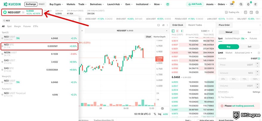 KuCoin review: KuCoin's spot trading interface with the NEO/USDT pair highlighted.