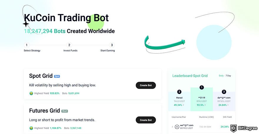 KuCoin review: the Trading Bot page on KuCoin's website.