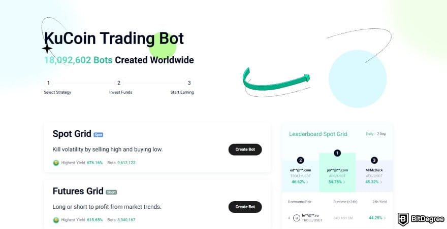 KuCoin review: the Trading Bot page on KuCoin's website.
