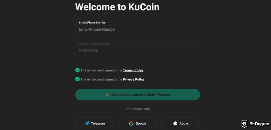KuCoin staking: KuCoin's sign up page.