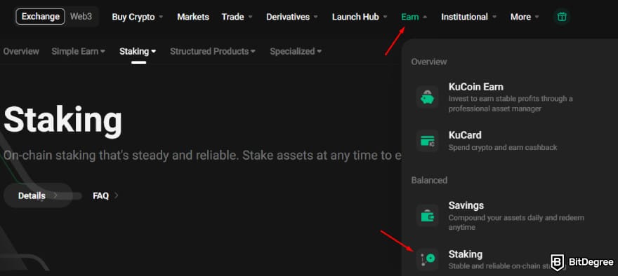 KuCoin staking: one red arrow pointing to the [Earn] button, the other at [Staking].