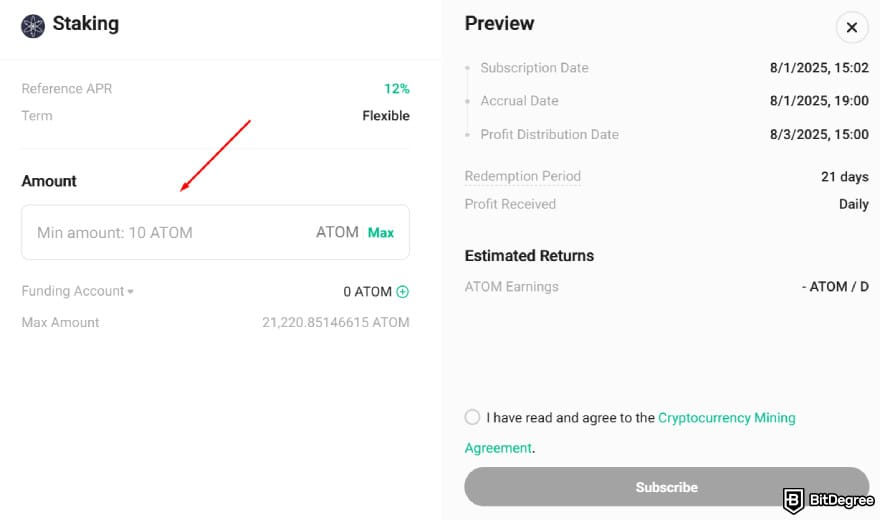 KuCoin staking: a red arrow pointing to the minimum staking amount on KuCoin.