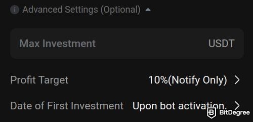 KuCoin trading bot review: KuCoin DCA bot showing Advanced Settings.