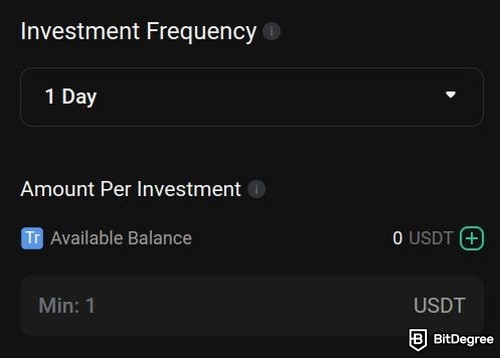 KuCoin trading bot review: KuCoin DCA bot showing the Investment Frequency and Amount Per Investment options.