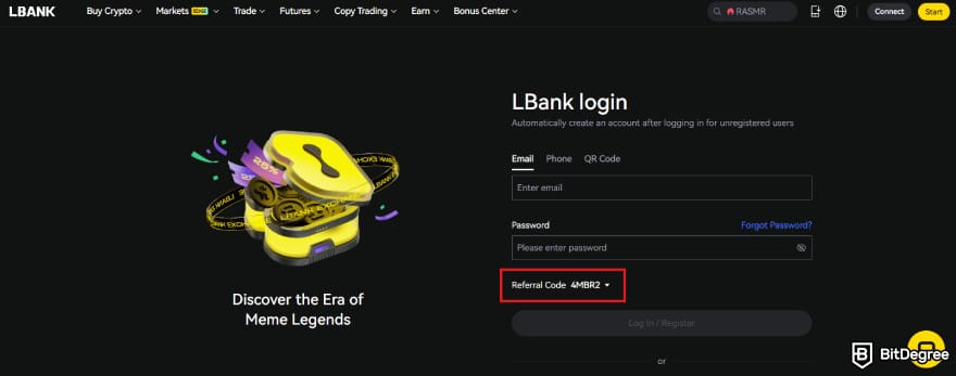 LBank referral code: the login screen with the referral code 4MBR22 attached. LBank referral code: the login screen with the referral code 4MBR22 attached.