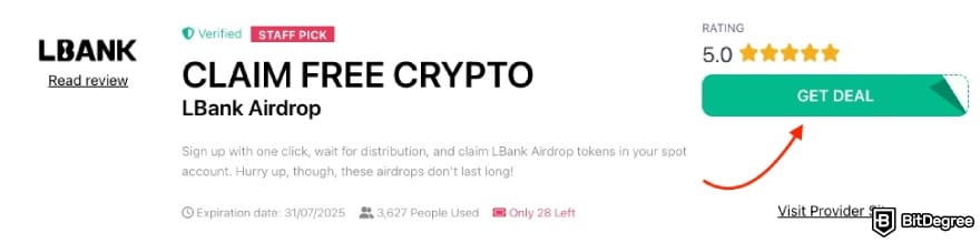 LBank referral code: a red arrow pointing to the [GET DEAL] button on BitDegree's page.