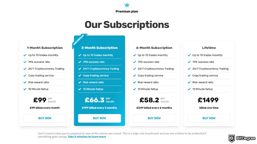 Learn2Trade review: premium plans for the trading bot.