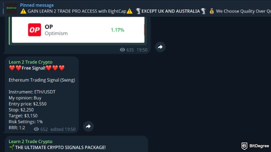 Learn2Trade review: example of Telegram free signal.