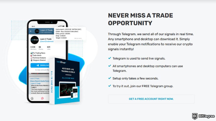 Learn2Trade review: Telegram signals on mobile phone.