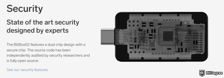 Ledger alternatives: BitBox02 homepage showcasing its security.