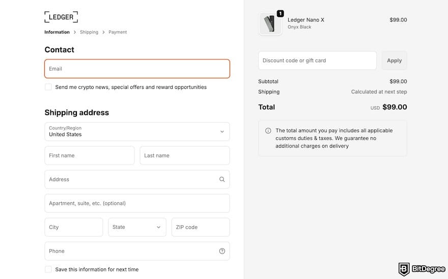Ledger black friday: Ledger's checkout page.