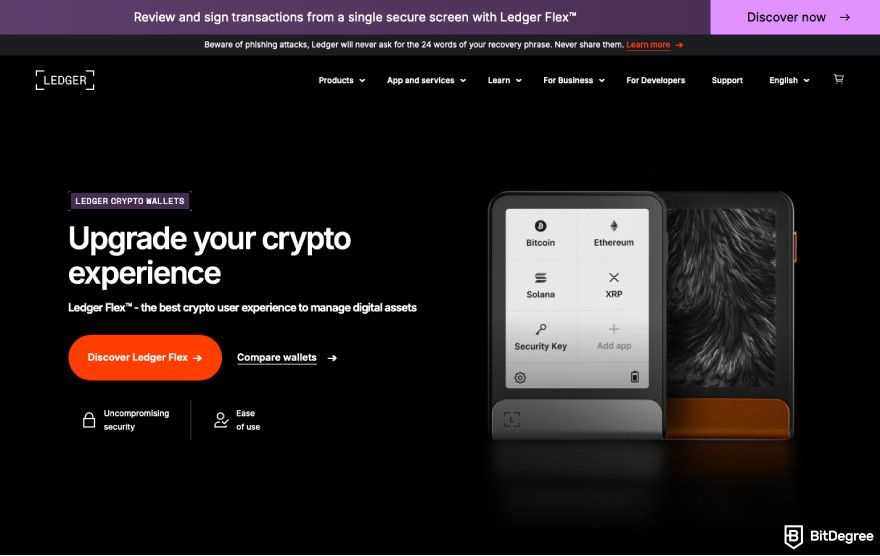 Ledger Flex review: a screenshot of Ledger landing page.