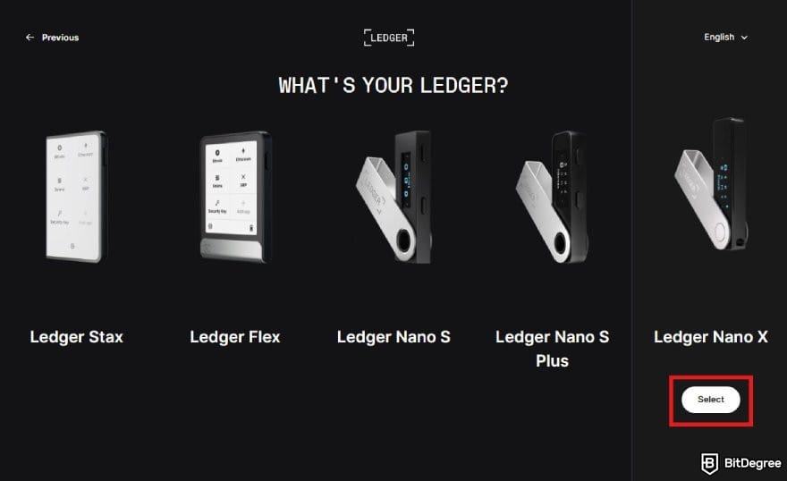 Ledger Nano X review: the device options when setting up a new wallet on Ledger Live.