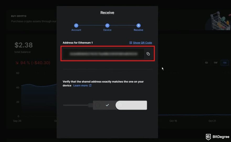 Ledger Nano X: Ledger Live dashboard interface showing the address for Ethereum account.