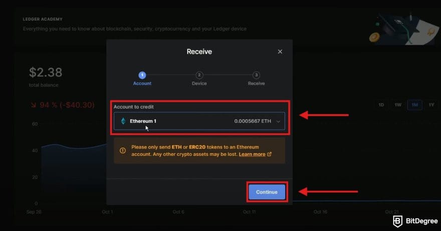 Ledger Nano X: Ledger Live dashboard interface showing the receive popup window.