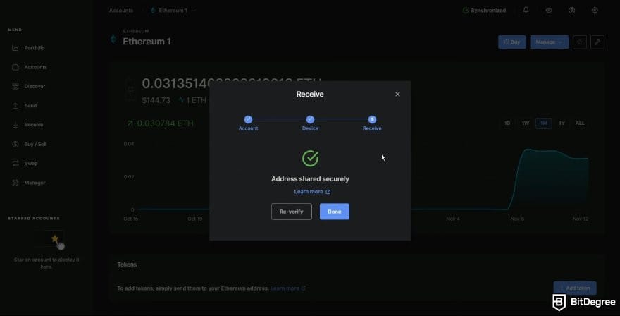 Ledger Nano X: Ledger Live dashboard interface showing a successful address sharing process.