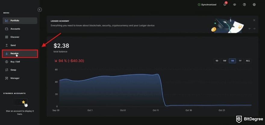 Ledger Nano X: Ledger Live dashboard interface with the receive button highlighted.