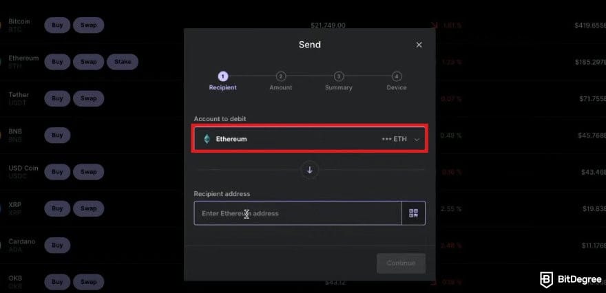 Ledger Nano X review: the Send pop up window on Ledger Live with the account option highlighted.