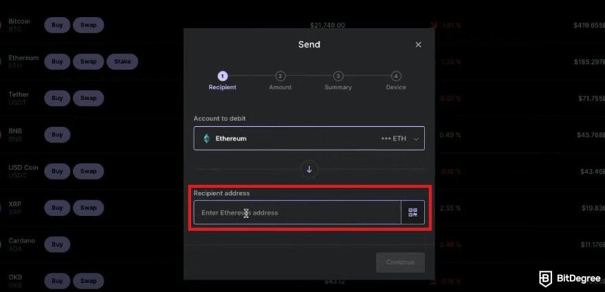 Ledger Nano X review: the Send pop up window on Ledger Live with the recipient address highlighted.