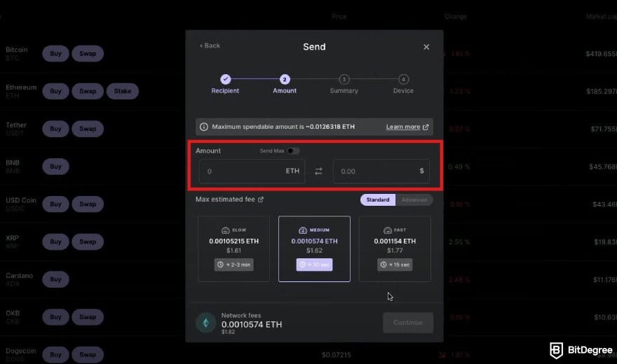 Ledger Nano X review: the Send pop up window on Ledger Live with amount box highlighted.