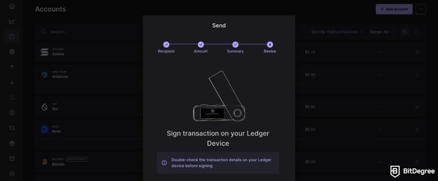 Ledger Nano X review: the pop up window to sign transaction on Ledger Live.