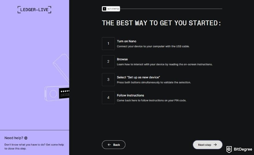 Ledger Nano X review: the instruction on how to start setting up a new device on Ledger Live.