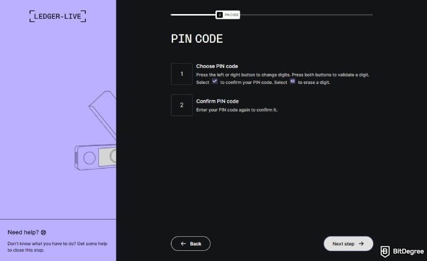 Ledger Nano X review: the instruction on how to set up a new PIN code on Ledger Live.