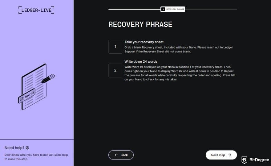 Ledger Nano X: instructions to write down recovery phrase on Ledger Live.
